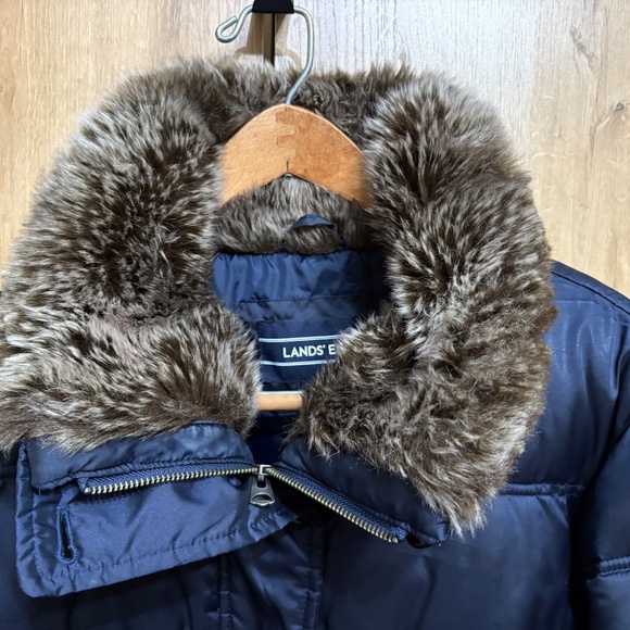 Lands' End Plus Sz 2X 20W- 22W Navy Blue Down Coat Faux Fur Collar Warm - Picture 7 of 13
